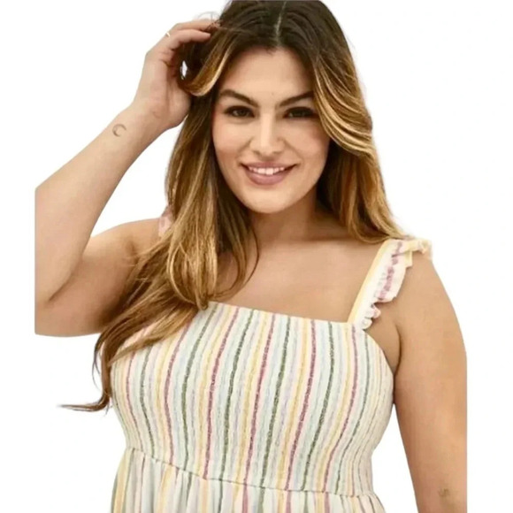 NWT Torrid Smocked Rainbow Striped Ruffle Strap Midi Plus Size Dress - Picture 2 of 6